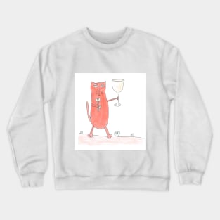 Cat congratulates on the holiday. Celebration, anniversary. Great event. Glass and flower. Watercolor illustration humorous. Humor, fun design modern Crewneck Sweatshirt